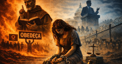 Ilustração mostra uma mulher ajoelhada atrás de uma cerca, diante de uma placa com a palavra “OBEDEÇA”, simbolizando a imposição de submissão feminina por estruturas de poder religioso e social.