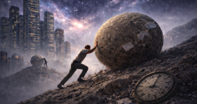 Exploramos o confronto entre a busca humana por sentido e o silêncio de um universo que não responde, um dilema formulado por Albert Camus, presente na literatura de Franz Kafka e simbolizado no mito de Sísifo, condenado a empurrar eternamente sua rocha montanha acima.