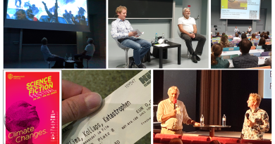 Impressões dos dois eventos S&C: Clima, Colapso e Catástrofes realizados em um auditório universitário (1ª linha) e em um cinema como parte do festival “Science meets Fiction” (2ª linha). Crédito: Walter H. et al (2026)