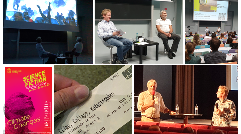 Impressões dos dois eventos S&C: Clima, Colapso e Catástrofes realizados em um auditório universitário (1ª linha) e em um cinema como parte do festival “Science meets Fiction” (2ª linha). Crédito: Walter H. et al (2026)